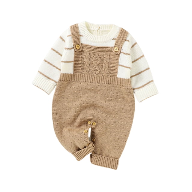 2025 Combinaison Chandail en Tricot à Rayures pour Tout-Petit Bébé Fille Garçon Col Rond Manches Longues Automne Hiver Vêtements Chauds Kaki