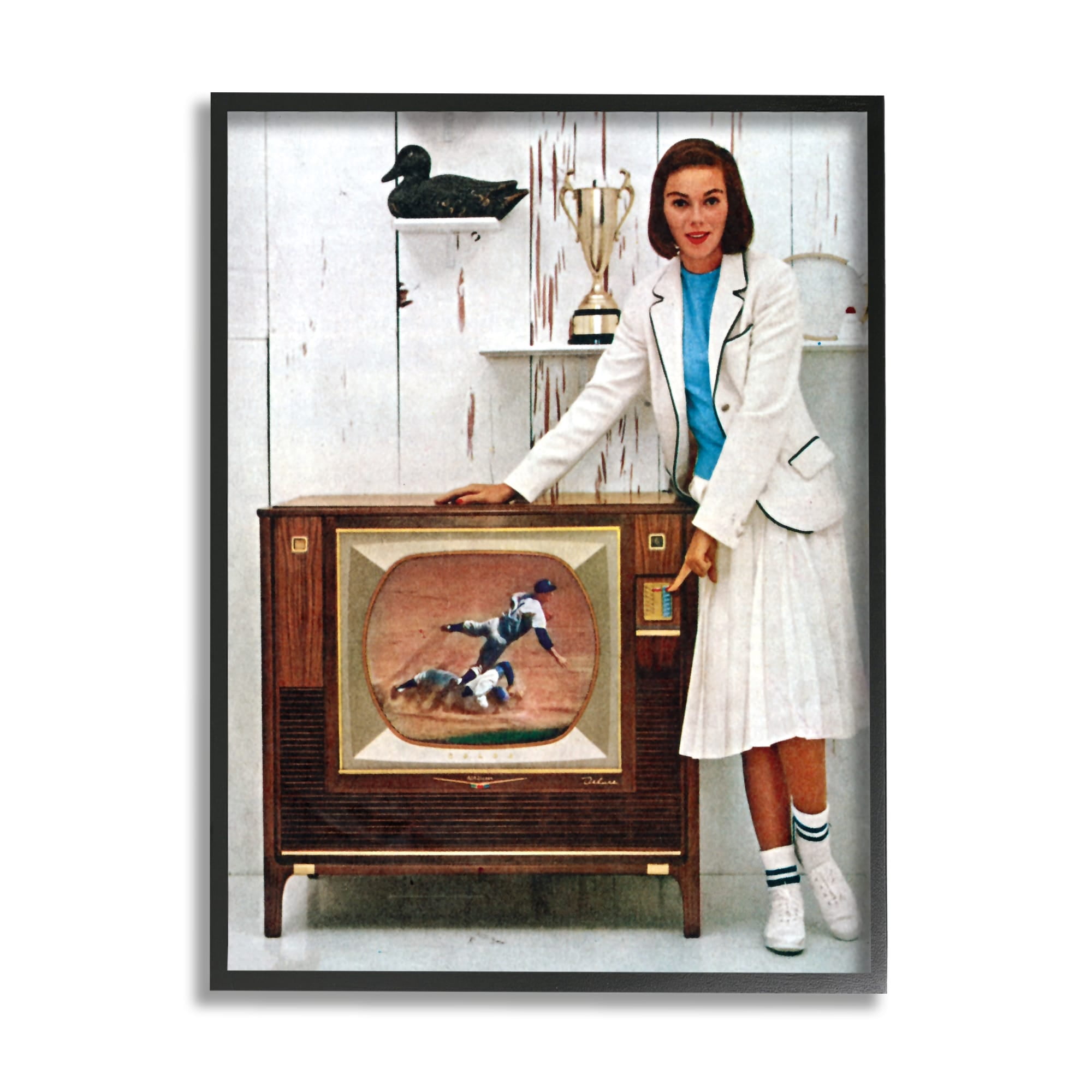 Stupell Industries Vintage Sports TV Ad Woman Beauty & Fashion Painting White Framed Art Print Wall Art