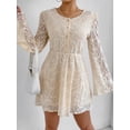 thumbnail image 2 of Dresses for Women Cream Lace A Line Mini Dress Puff Shoulder Flare Sleeve Button Front Casual Dress, 2 of 5