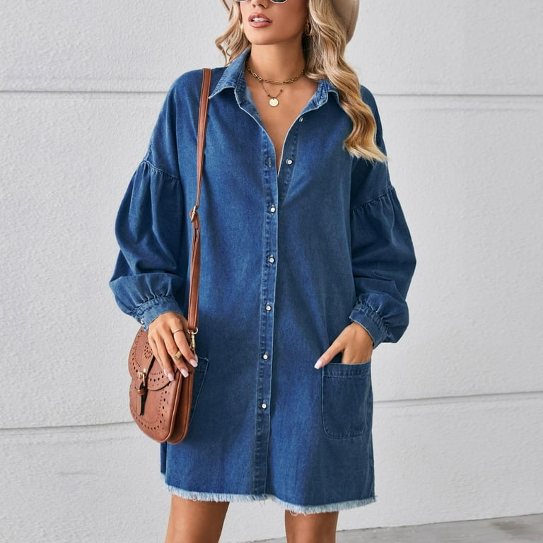 cfhntfmh Jean Dresses for Women Trendy Long Sleeve Collared Mini Dress Fall  Loose Frayed Hem Buttons down Denim Dress - Walmart.com