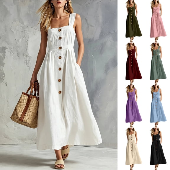 Smsaxvxz Womens Maxi Summer Tank Dresses Fashion Square Neck Sleeveless Button Down Casual Solid Loose Beach Vacation Sundress White M