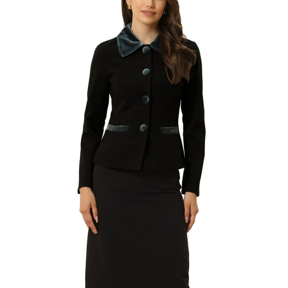 Unique Bargains Women's Elegant Contrast Turn Down Collar Pockets Single Breasted Winter Pea Coat Black S