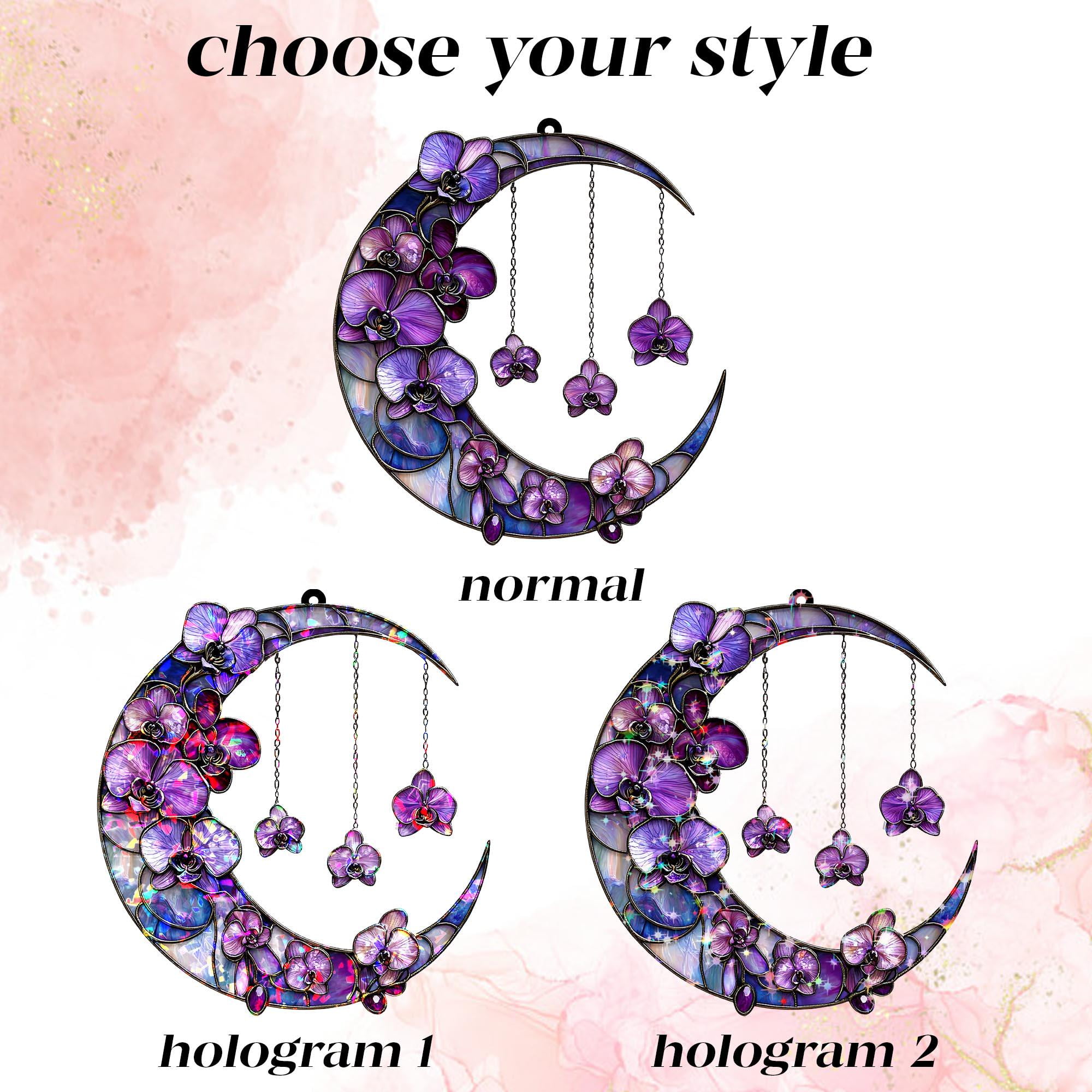 Orchid Flowers Crescent Moon Hologram Crystal Charm Acrylic Window Hanging, Personalized Gift for Orchid Lovers, Gift for Mom 4335590834