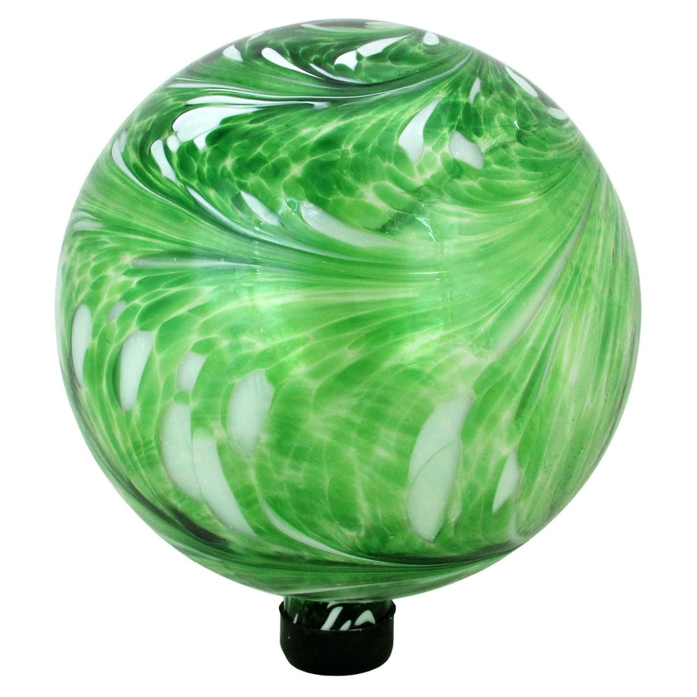 10" Green and White Swirled Glass Outdoor Patio Garden Gazing Ball