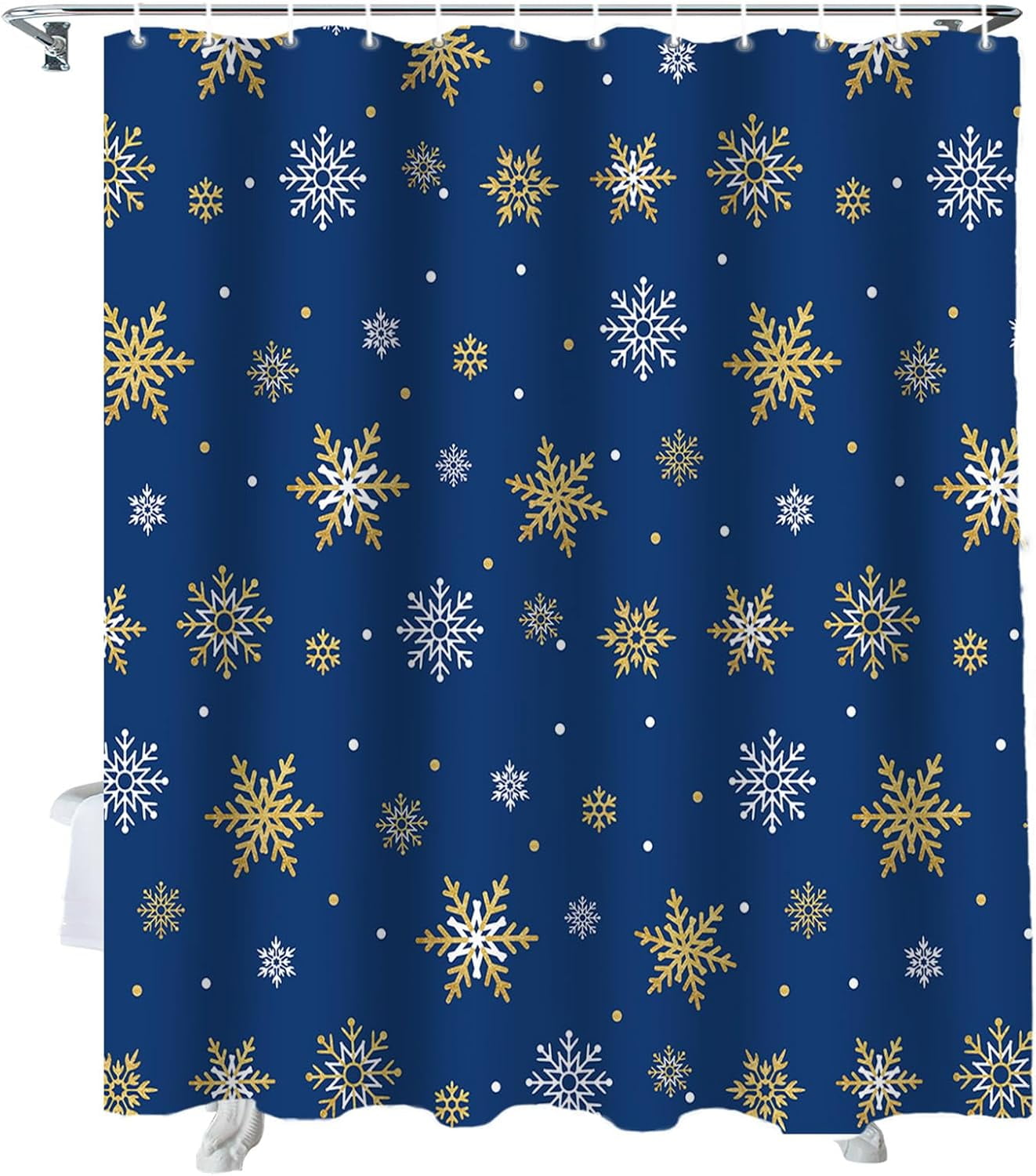 Christmas Shower Curtain Gold White Snowlfake Shower Curtains for Bathroom Decor Blue Background Christmas Decoration Bath Curtains Sets with Hooks Waterproof, 72x84 in