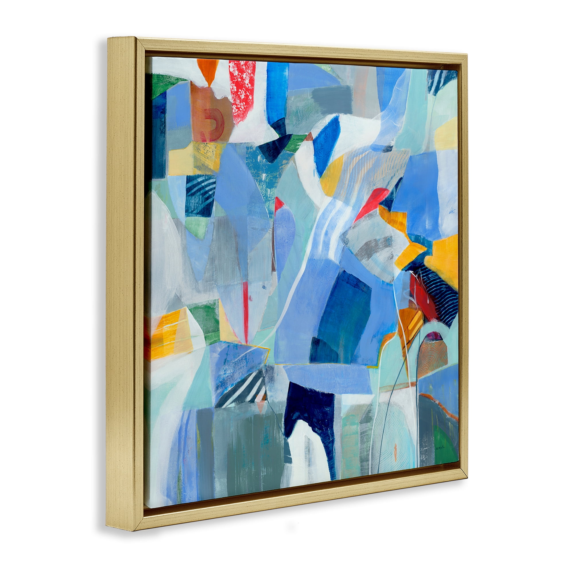 Stupell Industries Chaotic Blue Composition Abstract Painting Gold Floater Framed Canvas Art Print Wall Art, 18 x 18