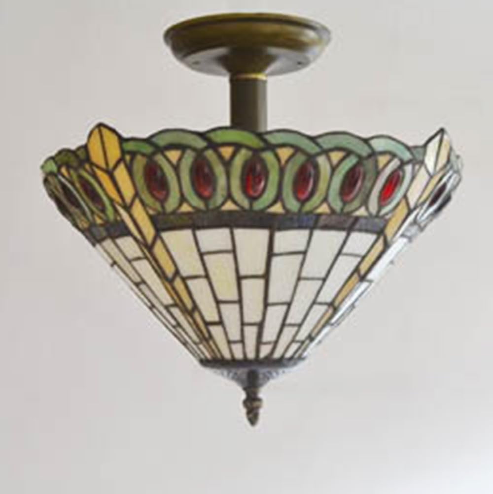 Kiven 13.8in Flush Mount Ceiling Light Fixture Dimmable, 3-Light Anti Glare Close to Ceiling Light with 15FT Plug-in Cord, Tiffany-Style Glass Chandelier for Bedroom Kitchen Hallway(No.3215)