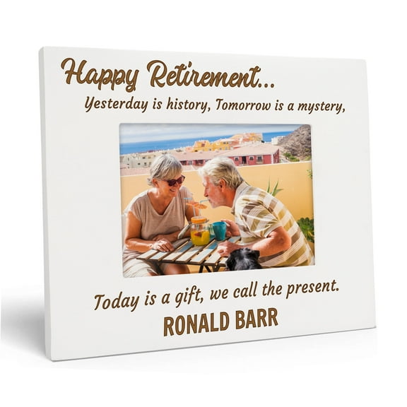 Darling Souvenir MADE WITH LOVEPersonalized WoodEngraved Retirement Picture Frame, Table Top WhitePhotoFrame (Happy Retirement) Customizable Quote - 4x6 Inches Horizontal