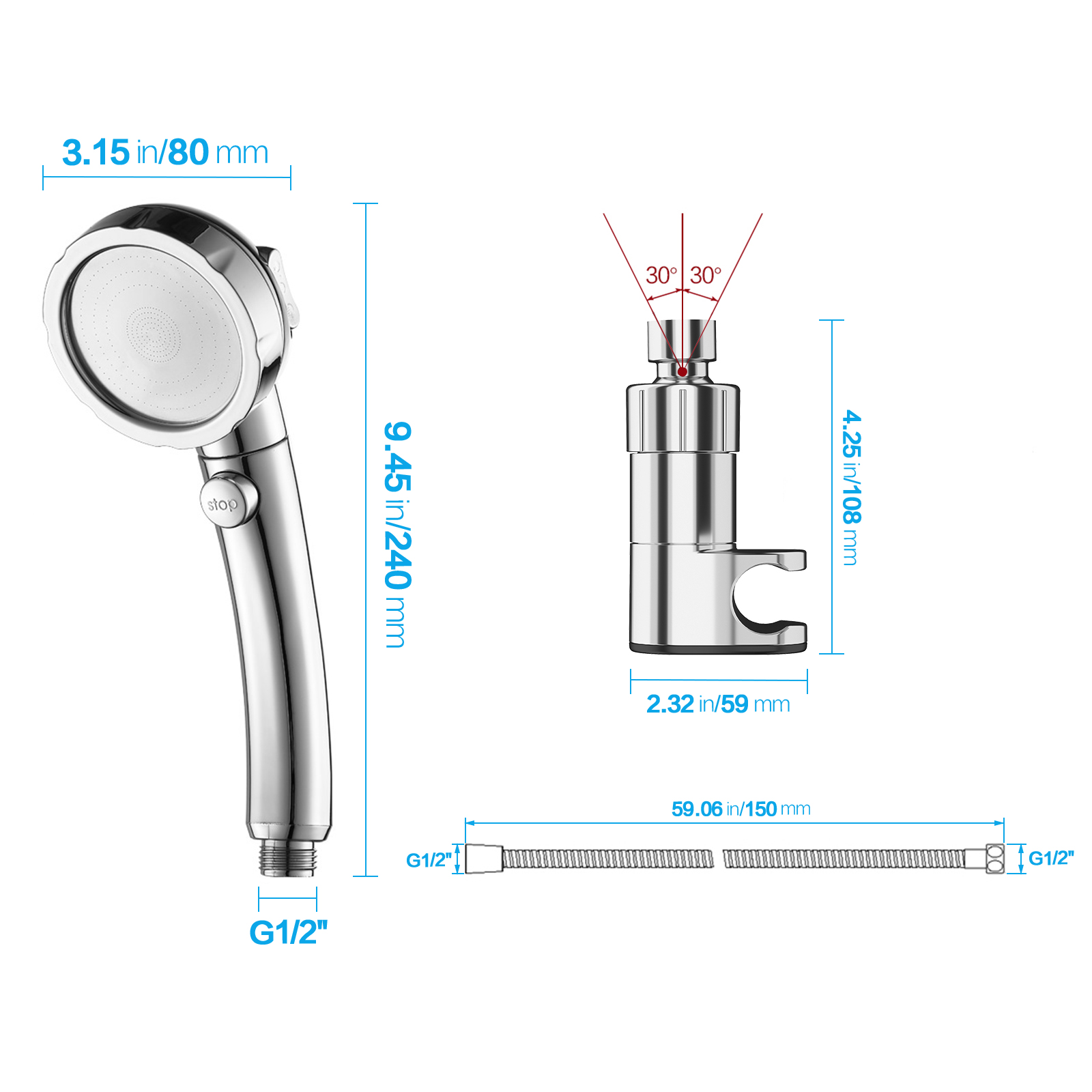 KAIYING High Pressure Handheld Shower Head with Hose, On/Off Switch & LED Thermometer, Chrome