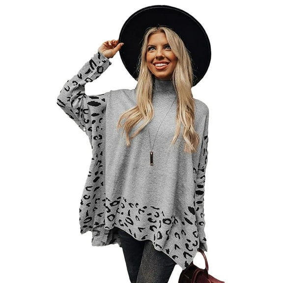 Women's Gray Leopard High Neck Oversized Side Slit Sweater - [ZhiHiMeRi] | (US 18-20)2XL