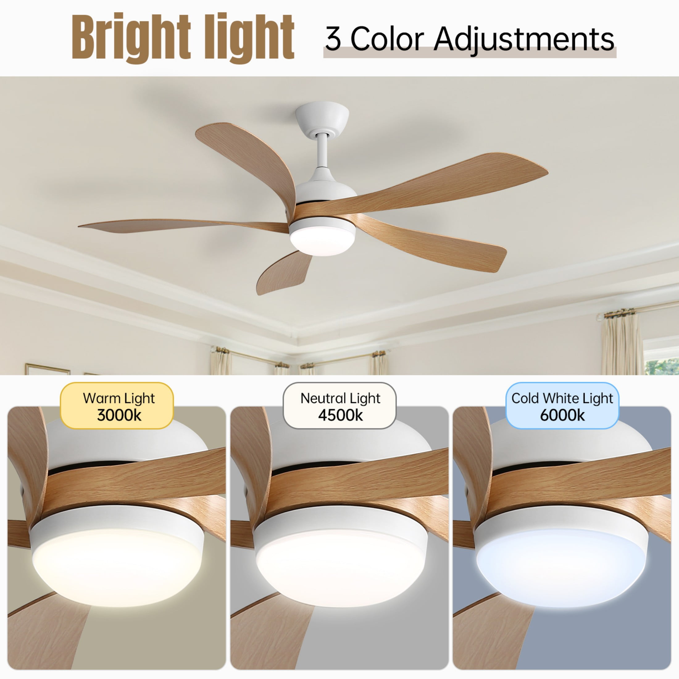 Sofucor 52 Inch Ceiling Fans with Lights and Remote, Outdoor Ceiling Fan with Light 6-Speed 3 CCT 3-Timer, Low Profile Ceiling Fan 5 Blade Noiseless Reversible DC Motor for Living Room Bedroom Patio
