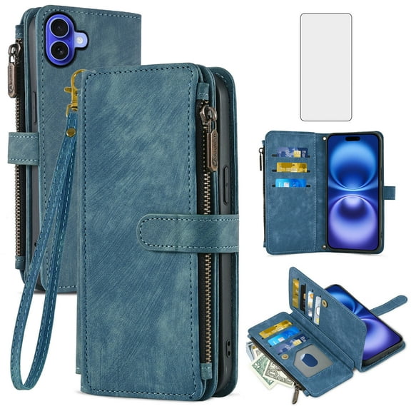 Asuwish Compatible with iPhone 16 6.1 inch Wallet Phone Case and Tempered Glass Screen Protector Faux Leather Flip Credit Card Holder Stand Zipper Slot Cell Cover for i Phone16 i16 16Case Women Blue