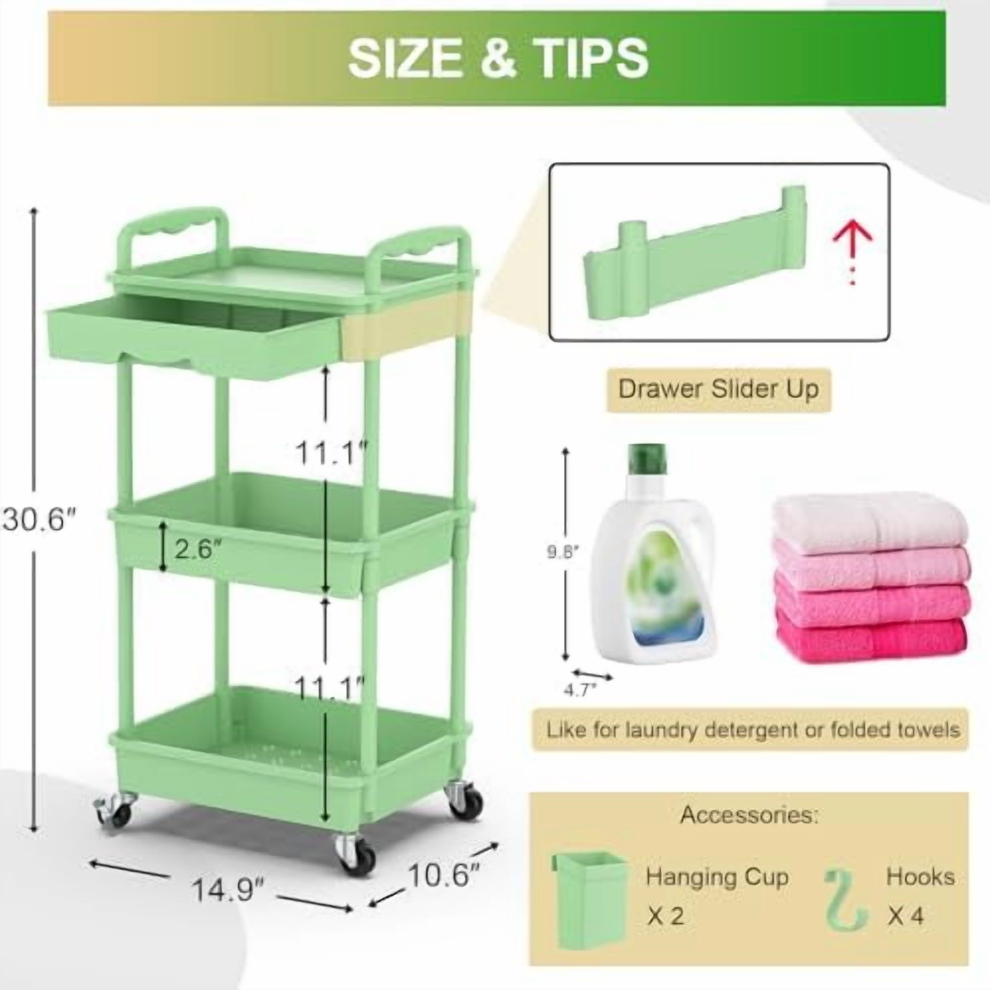 3 Tier Rolling Utility Cart Organizer with Removable Drawer, Stable and Sturdy Green Rolling Storage Carts with 2 Lockable Wheels for Bathroom, Kitchen, Snack, Craft, Makeup, Baby Essentials
