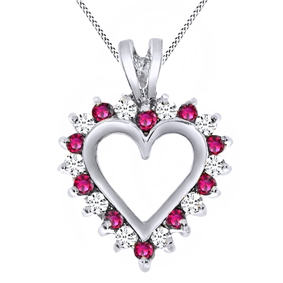 AFFY Round Cut Simulated Ruby & White Natural Diamond Heart Pendant Necklace In 14k Solid White Gold (0.13 Cttw)