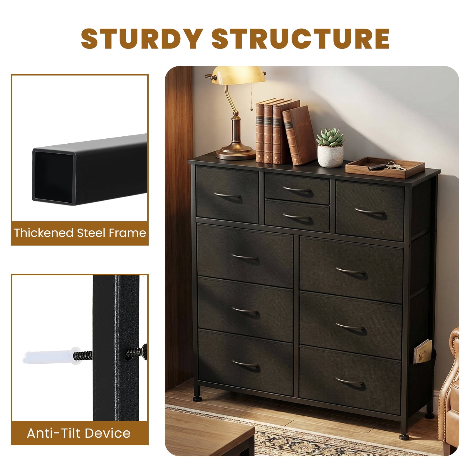 CONCETTA Dresser Storage with 10 Drawers,Storage Organizer for Closet, Wood Top for Bedroom, Living Room, Black