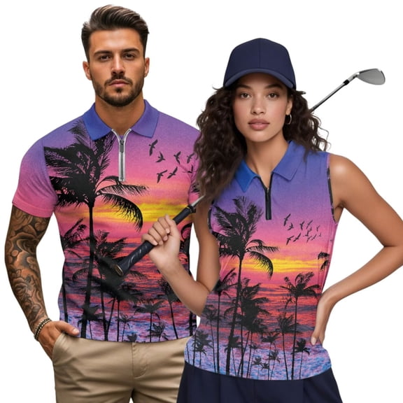 KUIFORTI Sunset Palm Trees Matching Golf Shirts for Couple Funny Men Women Matching Couple Golf Shirts 4-Way Stretch Athletic Sleeveless Shirts Breathable Fabric Machine Washable
