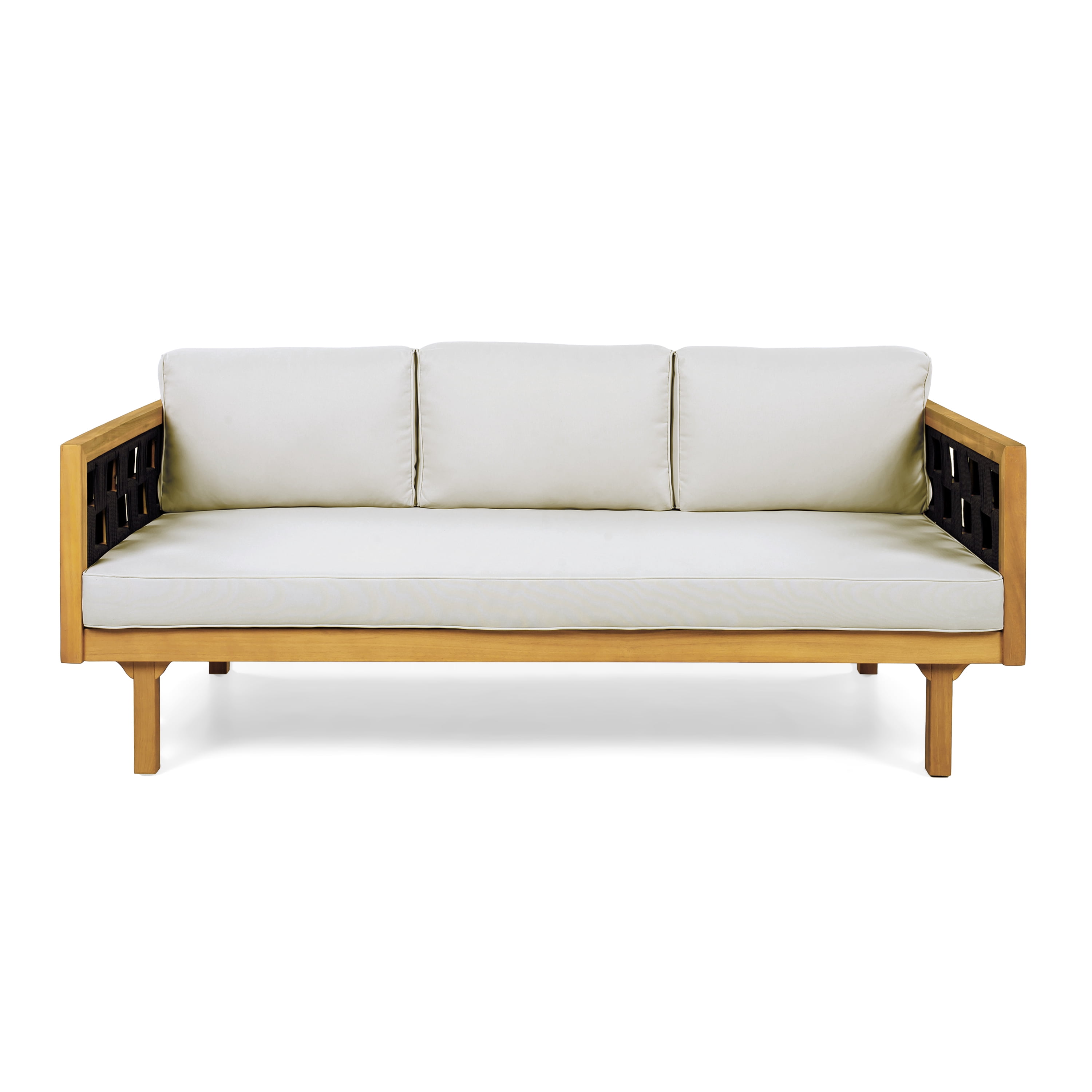Three-Seater Daybed, Outdoor Acacia Wood Teak Finish Daybed with Light Grey Cushions for Patio Garden, Teak