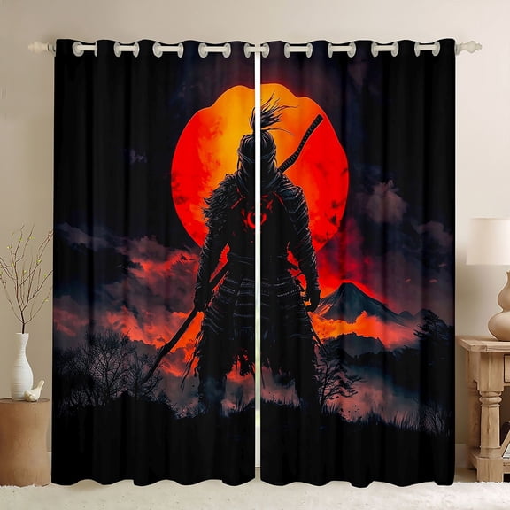Homewish Japanese Ukiyoe Black Out Curtains,Japan Tradition Aesthetic Curtains Pack of 2 (42x63 Each),Orange Sunset Bedroom Curtains For Teens,Ultra Soft Home Decor