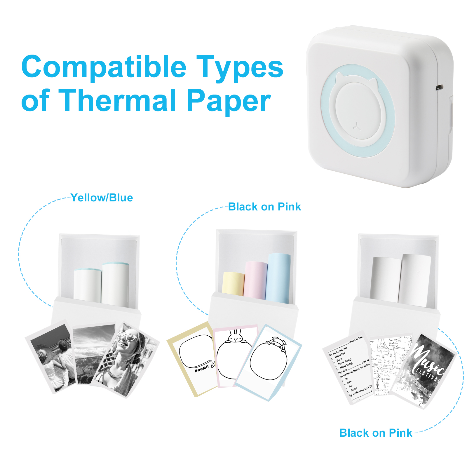 Romanda Portable Photo Printer, Pocket Wireless Bluetooth Thermal Mini Printer with 10 Rolls Printing Paper for Android iOS Smartphone BT Inkless Printing for DIY Journal, Photos, Notes, Gifts - Blue