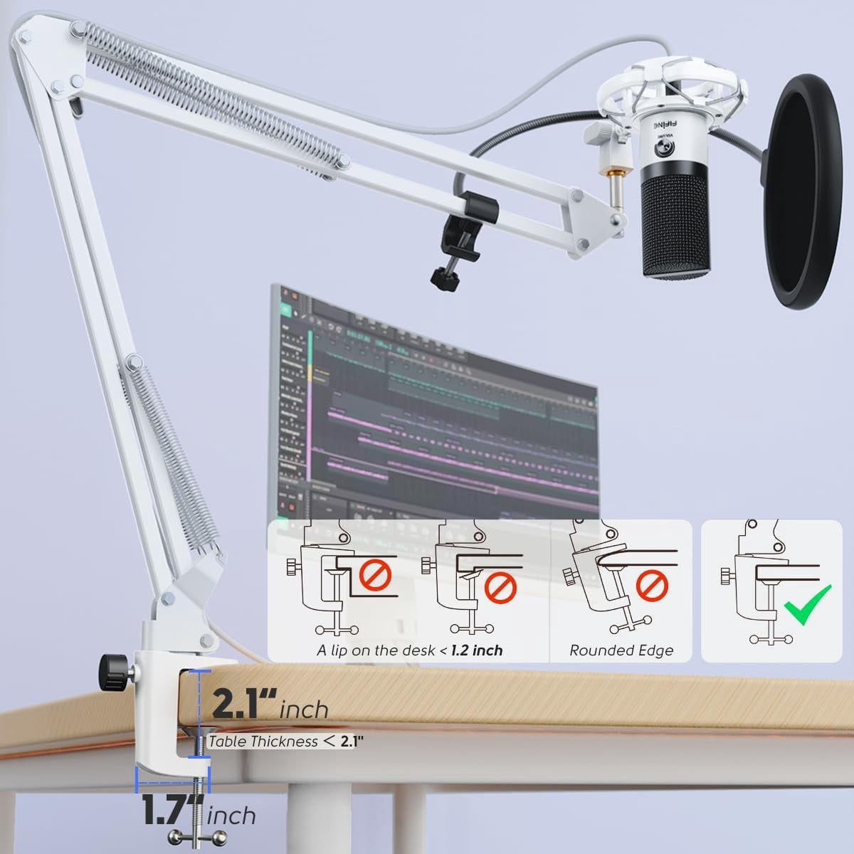 FIFINE T669 USB Studio Microphone Kit for PC Computer, Podcasting Microphone with Boom Arm Stand, Gain Control for Gaming, Streaming, Recording, White