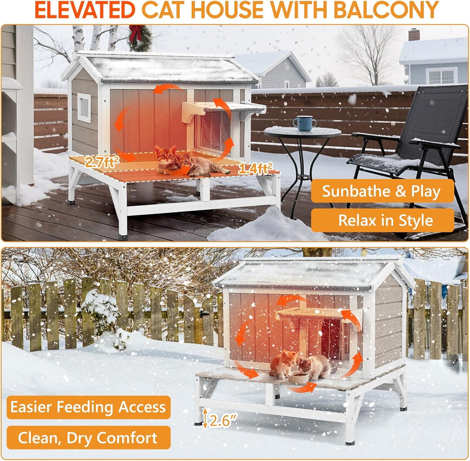 PETSCOSSET Cat House for Outdoor, Insulated Wooden Pet House with Raised Base & Openable Roof, Gray