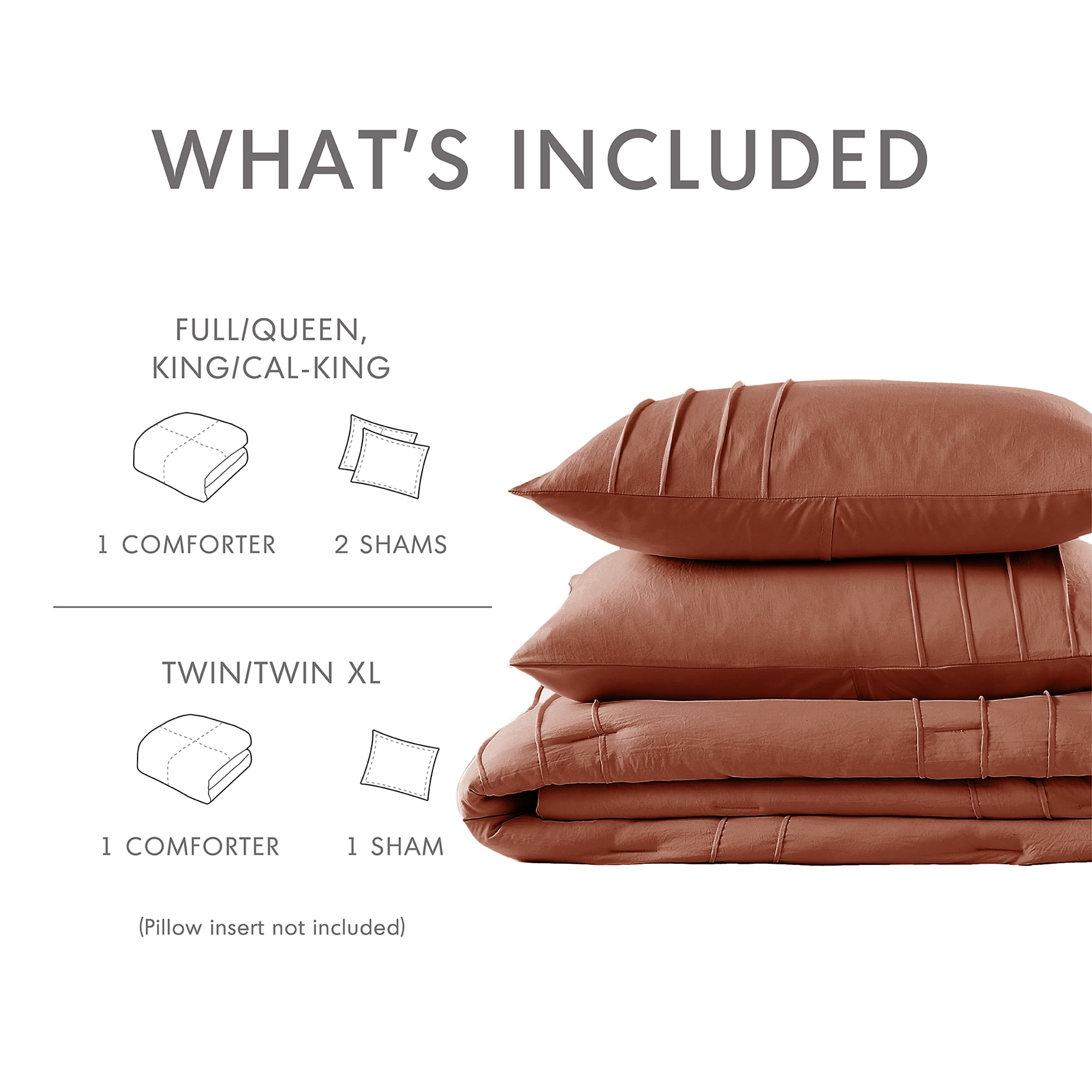 Regency Heights Full/Queen Comforter Set, Boho 3-Piece Pintuck Stitching Bedding Set, Soft Washed Pleated Bed Sets with Pillow Shams, Burnt Orange