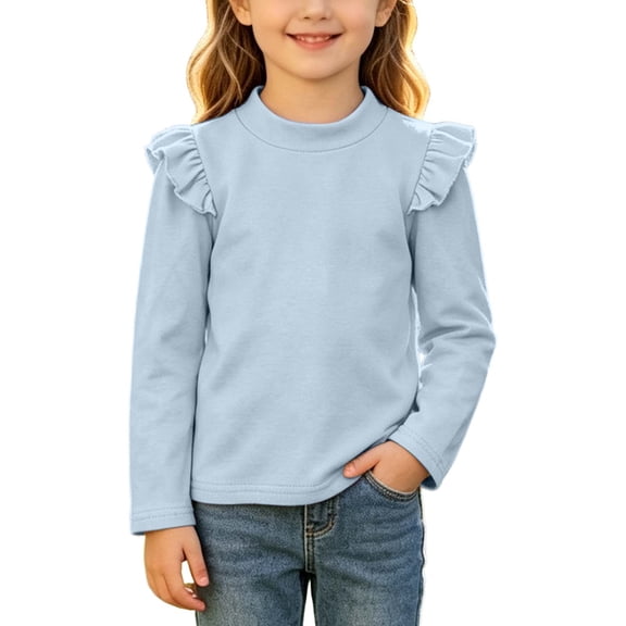 VIPOIN Girls Ruffle Shoulder Long Sleeve T-Shirt Mock Neck Soft Solid Casual Pullover 1-9 Years Top