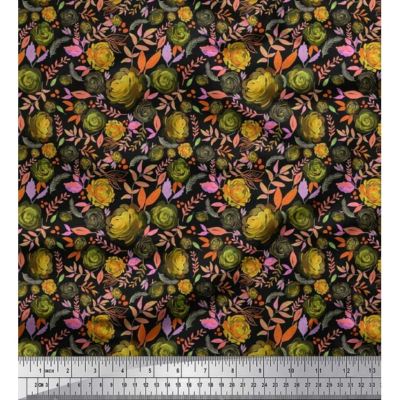 Soimoi Polyester Crepe Fabric Leaves & Grandiflora Roses Floral Print Sewing Fabric Yard 52 Inch Wide