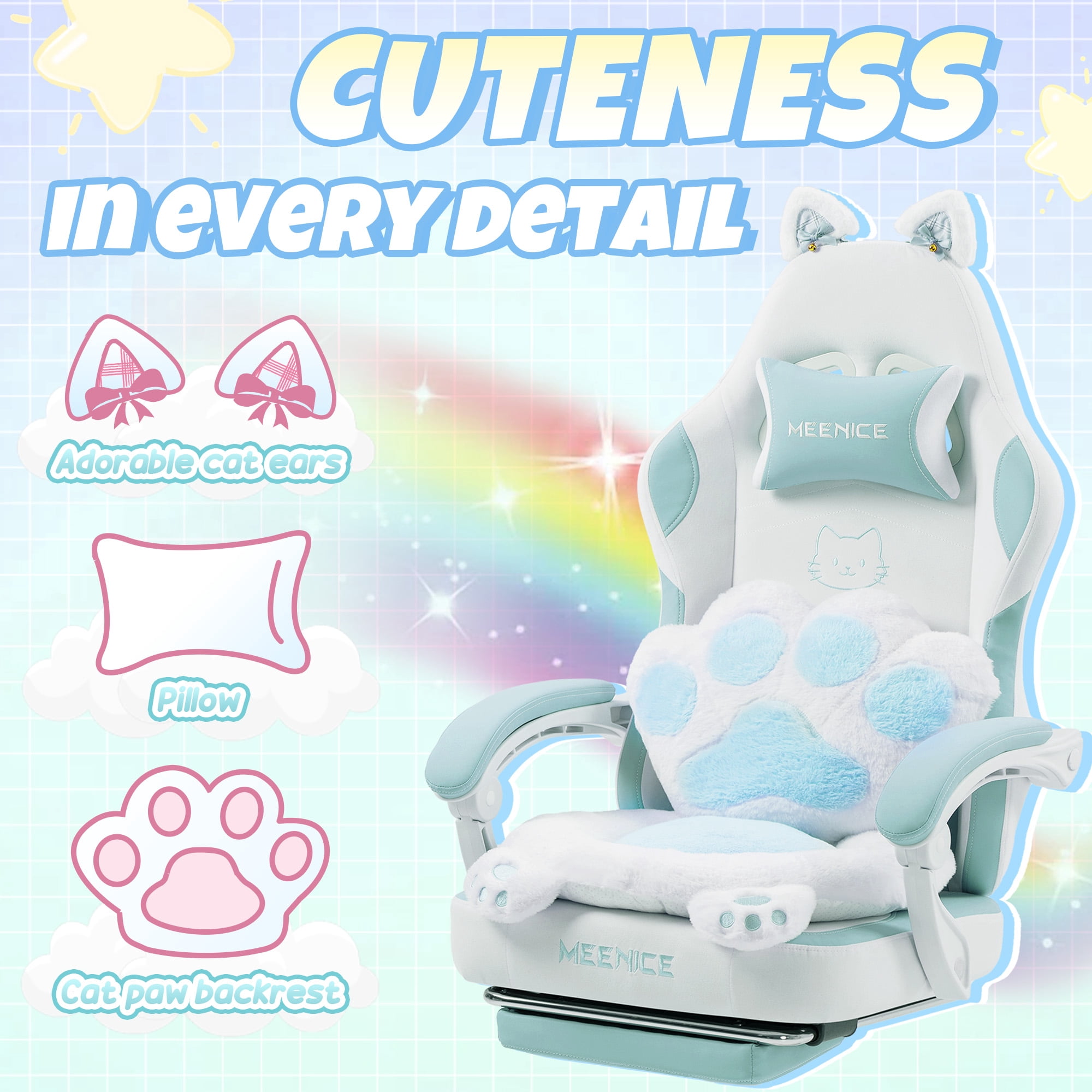 KARXAS Adult Cute Cat Ear Paw Print Reclining Fabric PC Gaming Chair with Footrest and Lumbar Support, Blue/White