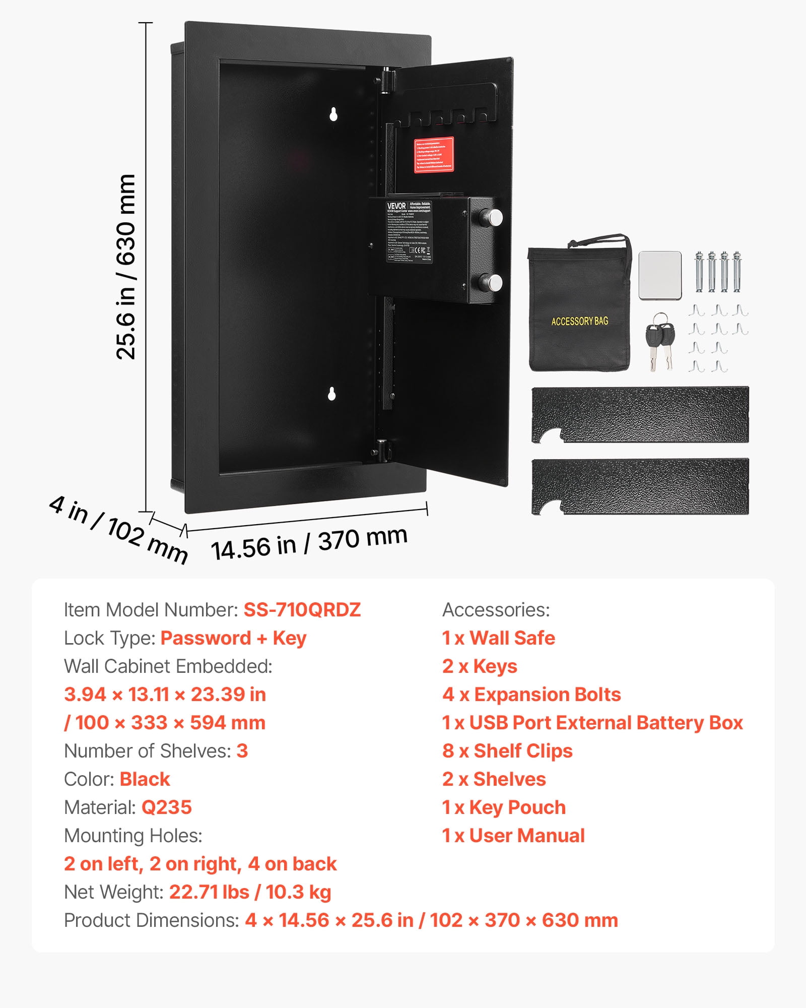 VEVOR Wall Safe, 3-Tier Hidden Wall Mounted Safe with Password & Key, Q235 Cold-Rolled Steel In-Wall Box with LED Lighting, 2 Adjustable Shelves & 5 Key Holders for Money, Jewelry, Passport, Black