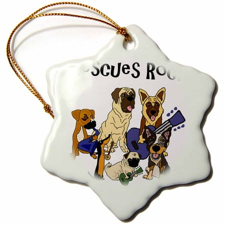 Dachshund Rescue - 3dRose Cool fun Rescue Dogs Rock with pug, Mastiff, Dachshund - Snowflake Ornament, 3-inch