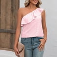 thumbnail image 5 of Women One Shoulder Top Summer Eyelet Ruffle Trim Sleeveless Pure Color Top for Female Pink S, 5 of 8