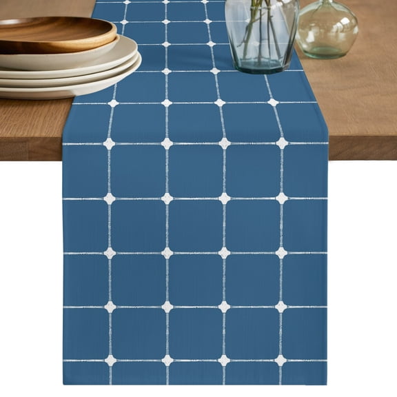 Blue Gingham Table Runner 72 Inches Long - Modern Minimalist Geometric Plaid Kitchen Dining Burlap Linen Tablerunner for Small/Round/Square/Wedding/Coffee/Dining Table Party Home Décor 18 x 72