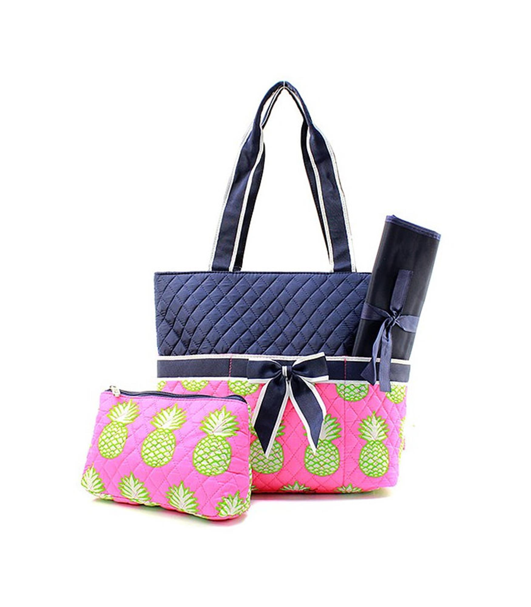 Quilted Diaper Bag 3Piece Set, Pineapple Hot Pink/Navy By Quilted