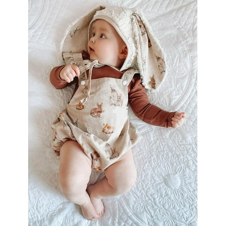 

2PCS Easter Baby Girl Outfit Sleeveless Bunny Print Romer Bodysuit with Headband Cute Baby Rabbit Summer Clothes