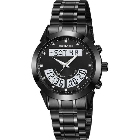 Fashion Men’s Analog Digital Watch Stainless Steel Band Multifunction Business Casual Waterproof Watch with Dual Time, Stopwatch, Alarm, EL Backlight