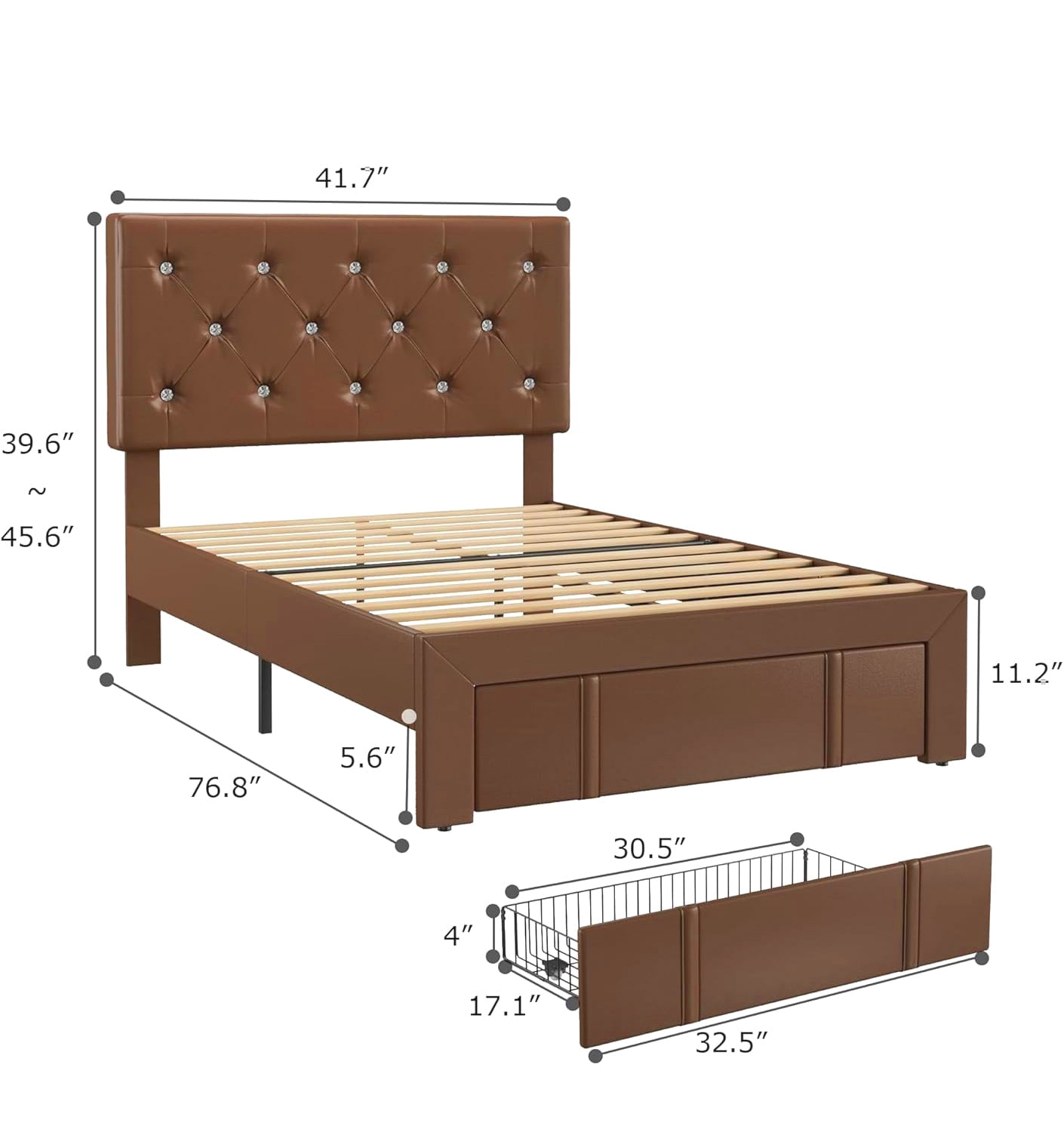 VECELO Upholstered Bed with Storage-1 Drawer, Brown Bed Frame Twin Platform Bed with Faux Leather Tufted Headboard