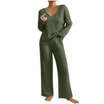 Womens 2 Piece Outfits Sweatsuits Autumn Solid Color V Neck Sweatshirt Drawstring Wide Leg Pants Casual Set With Pockets (L, Army Green)