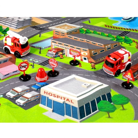 Urban Theme Transport Play Mat Set Friction Powered Vehicles City Fire Station