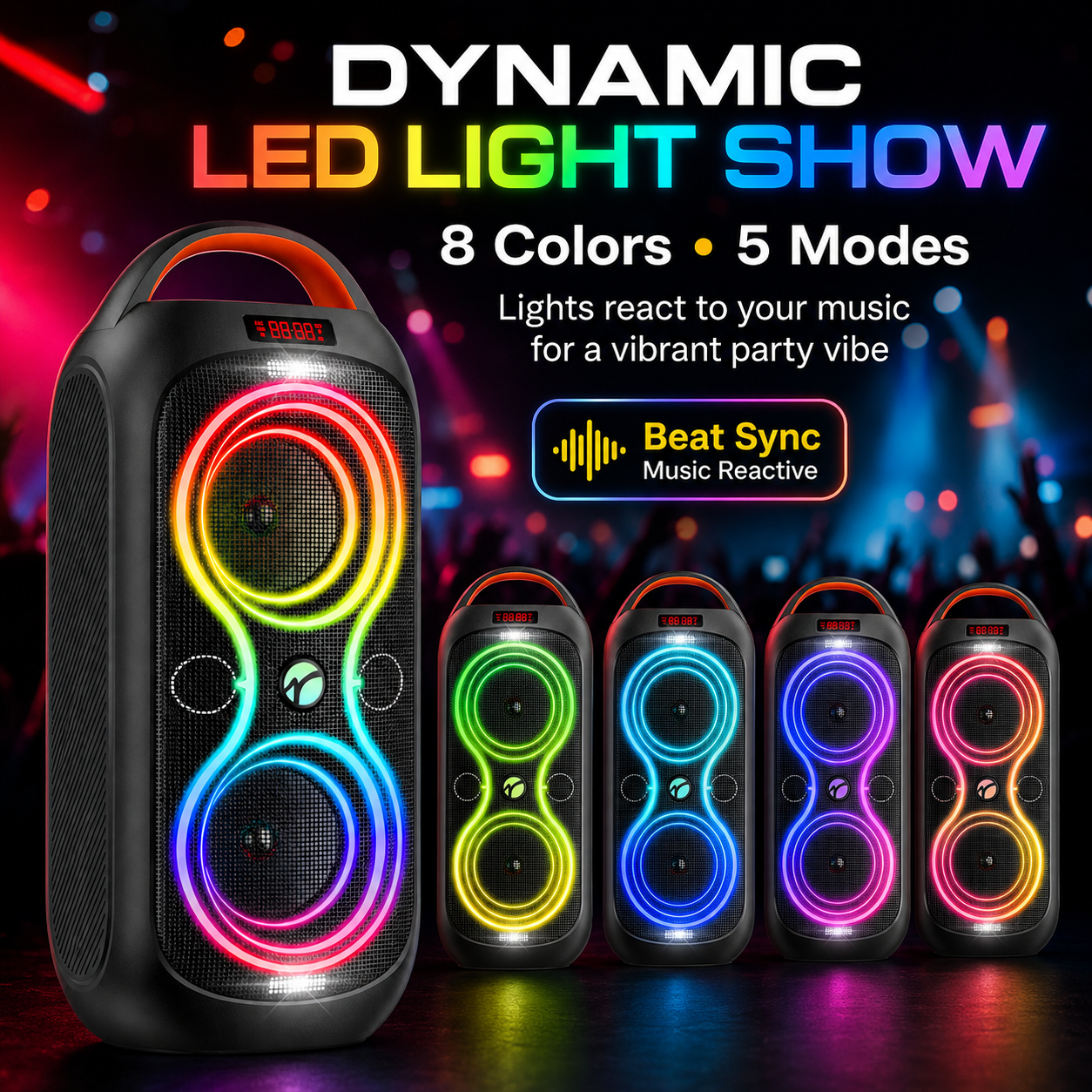 Wireless Bluetooth Speaker, 60W Loud Party Speaker with Beat Sync Lights, TWS Stereo, 4400mAh Power Bank, FM, AUX, TF, USB, Portable Handle Speaker for Outdoor Camping Beach Garage Home Party