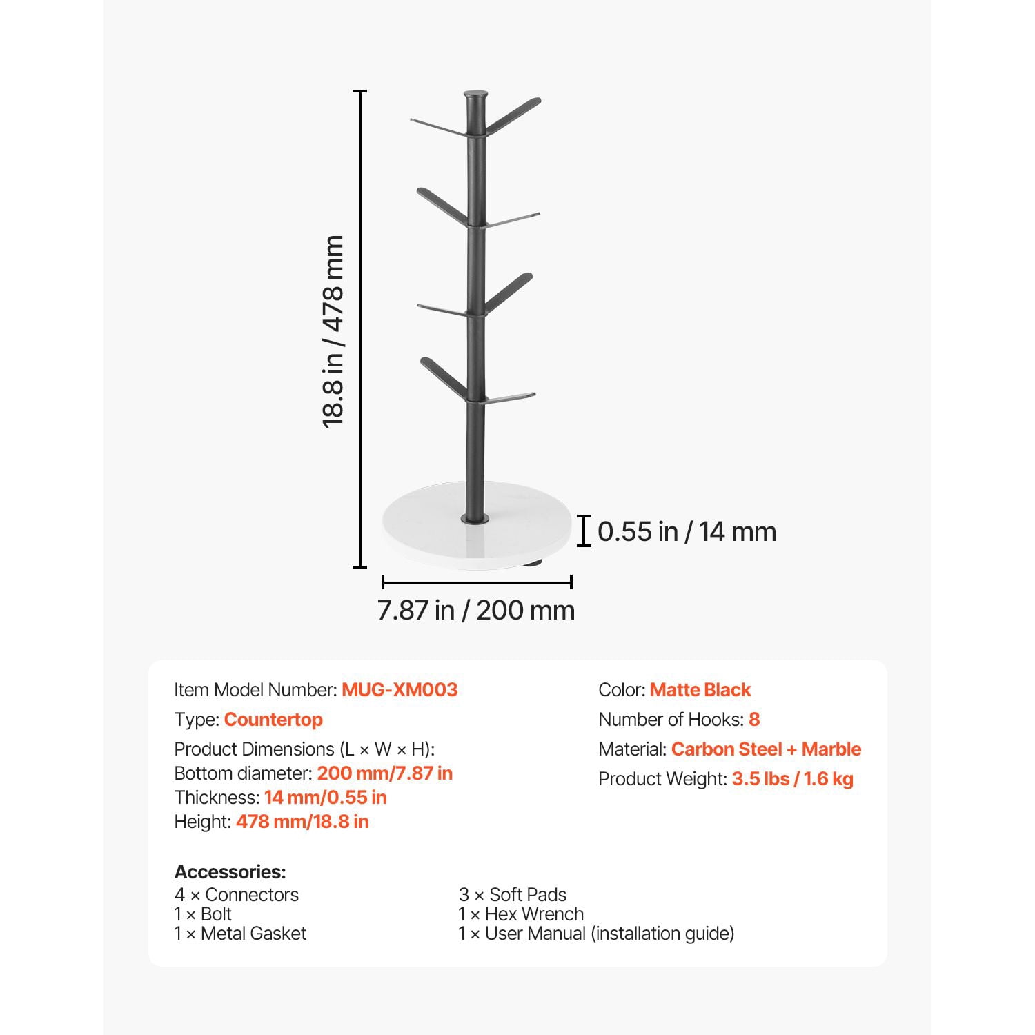 Mug Tree Holder 8 Mugs Capacity Marble Base Carbon Steel for Kitchen Office Coffee Mug Display