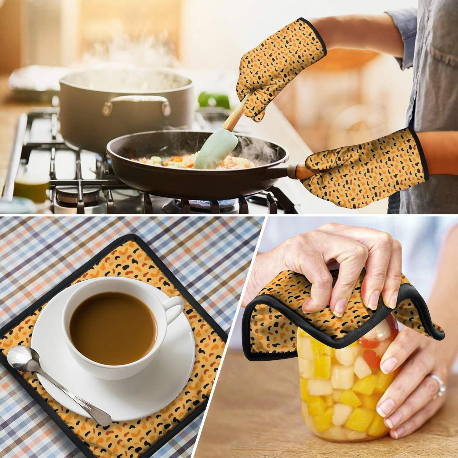 Leopard Print Oven Mitts and Pot Holders Set Of 4, Heat Resistant Kitchen Gloves with Non-Slip Grip, Hanging Loop, Soft Cotton Lining for Baking, Cooking, Grilling, Barbecue