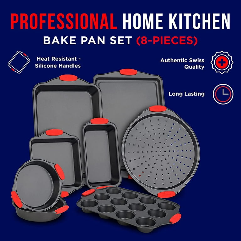 NutriChef Kitchen Oven Baking Pans - 8 Piece Deluxe Nonstick Blue Coating  Inside & Outside Carbon Steel Bakeware Set With Red Silicone Handles