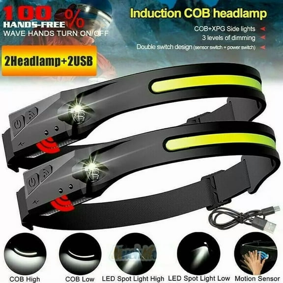 2 Pack Cob Led Headlamp Headlight Torch Flashlight Work Light Bar Head Band Lamp