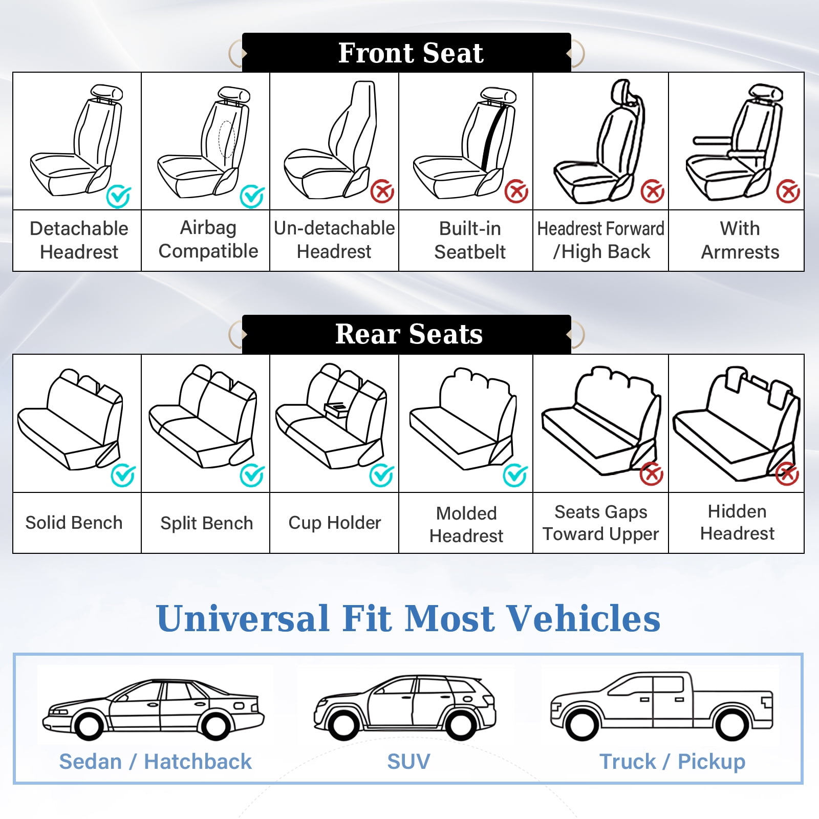 Coverado Black Car Seat Covers Full Set, Premium Leather Front and Rear Split Bench Cover, Automotive Seat Protectors Universal Fit for Most Cars, SUVs and Trucks