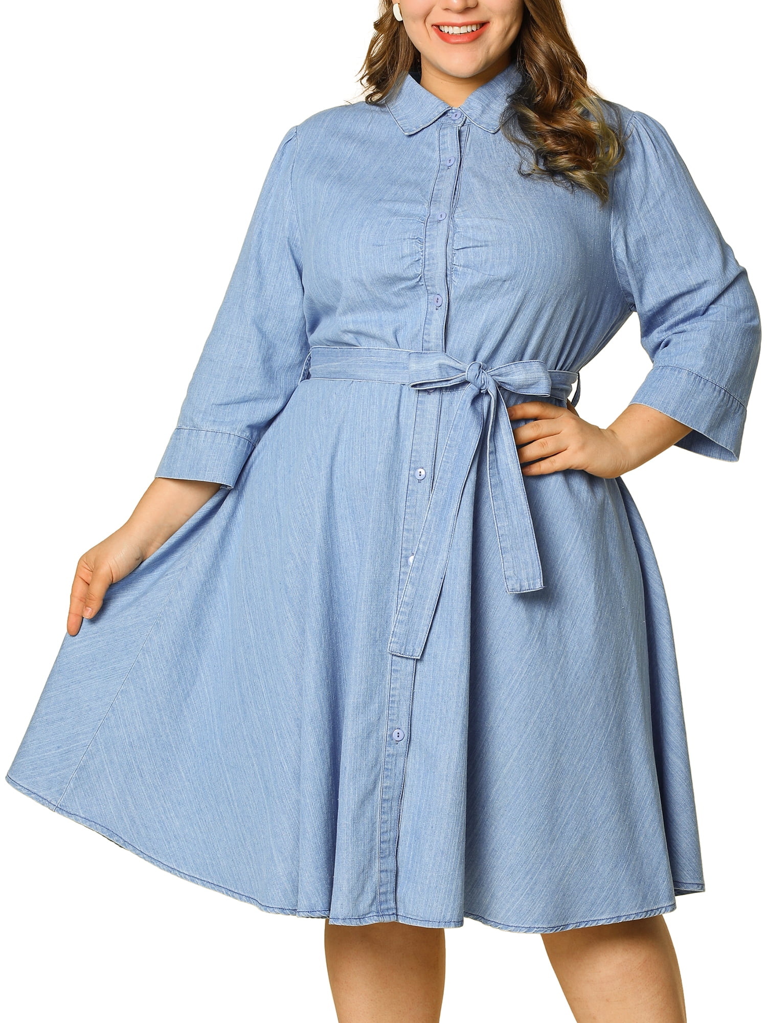 Women's Plus Size Belted 1/2 Sleeves Above Knee Denim Shirt Dress