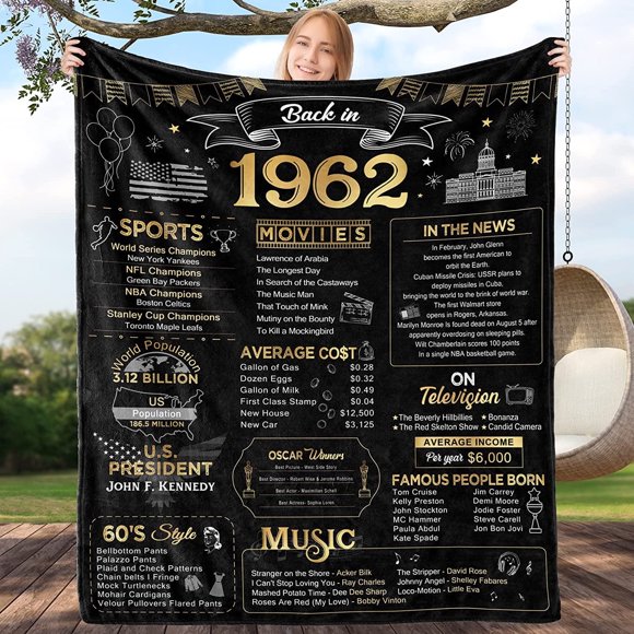 Cadeaux de Joyeux 60e Anniversaire pour Hommes Femmes Couverture 1962 Décorations 60e Anniversaire Cadeau 60 Ans pour Papa Maman Grands-Parents Retour en 1962 Couverture en Flanelle Douce pour Lit Canapé 60x80 Pouces