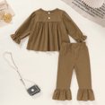 thumbnail image 2 of Happy Town Toddler Girl Fall Winter Outfits Smocked Puff Sleeve Top Ruffle Flare Pants Set Kids Casual Plaid 2-Piece Set, 2 of 8