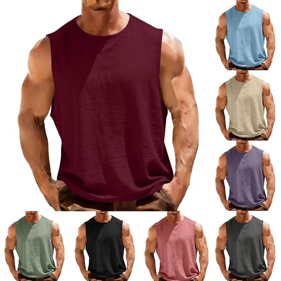 LangJing Mens Workout Tank Tops Casual Gym Muscle Sleeveless Shirts Cotton Linen Workout Tank Tops Cut Off Workout Bodybuilding Shirts Beige,L