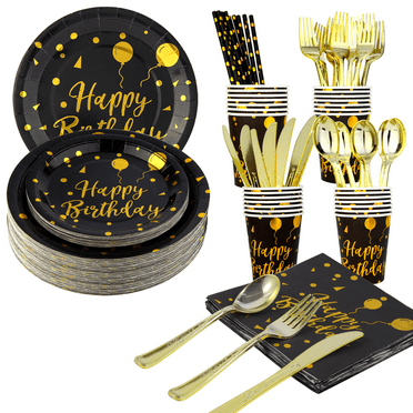 Birthday Disposable Tableware Set Black and Gold 200-piece